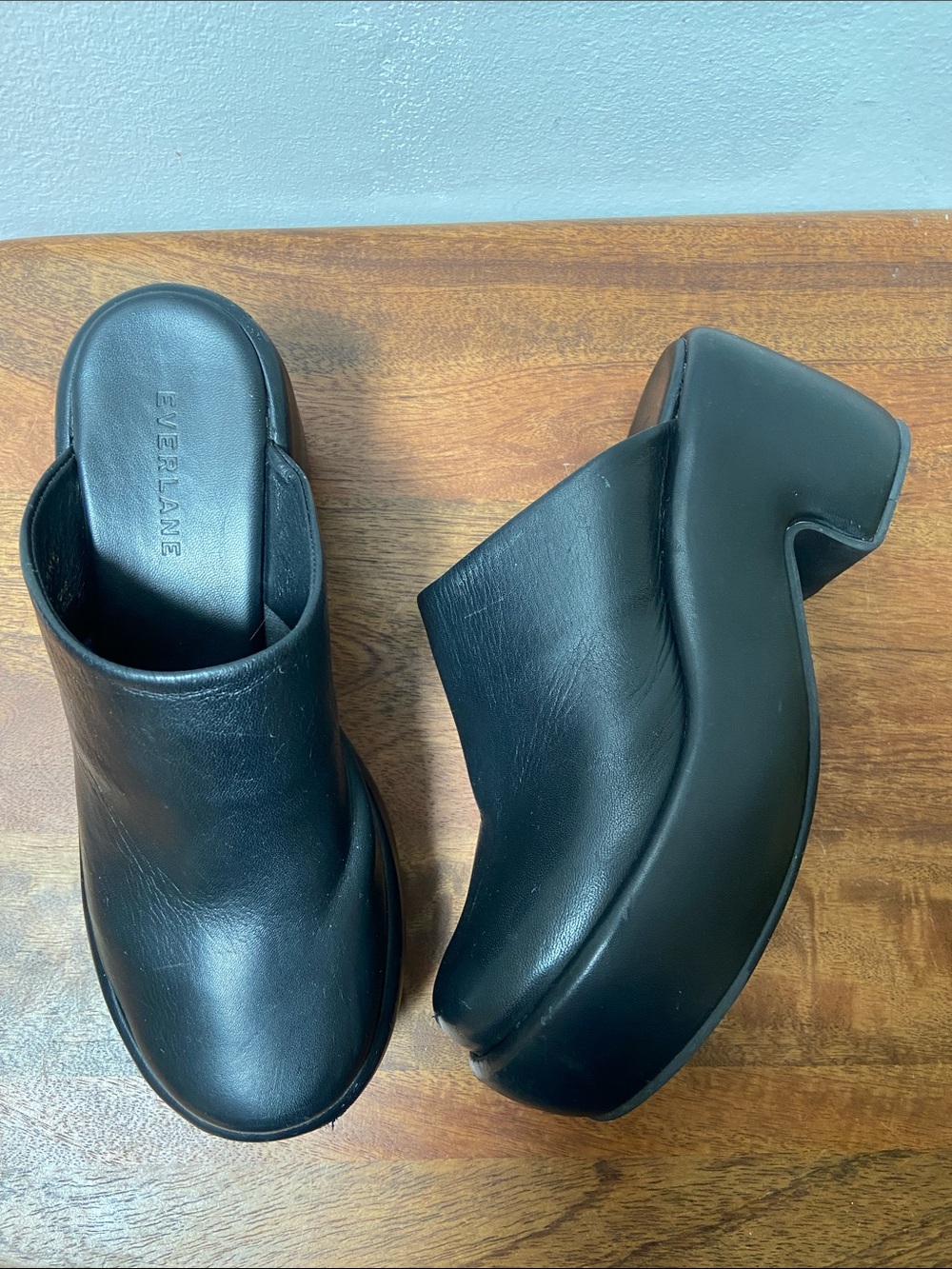Everlane Black Leather Chunky Platform Mule Clogs